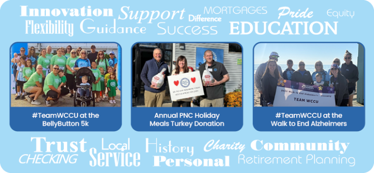 Images of #TeamWCCU at the Bellybutton 5k, Annual PNC Holiday Meals Turkey Donation & Walk to End Alzheimers.